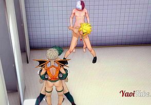 Orgy besar di tandas sekolah dengan Deku dan Bakugou Hero