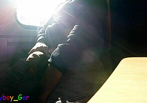 very spontaneous quick gay jerk off with huge cumshot on a moving train during daylight