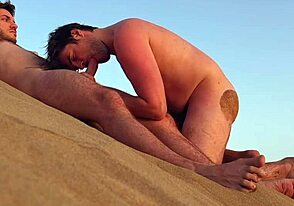 gay nudist beach blowjob with big cock, nearly caught