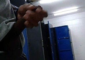 Horny amateur jerking monster cock in public bathroom