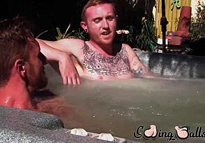 Inked ginger homo steps out of jacuzzi to slam his huge dick hard.